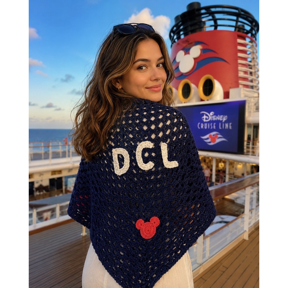 Handmade Disney Cruise Line DCL Navy Crochet Shawl Mouse Applique NEW Reg Sz